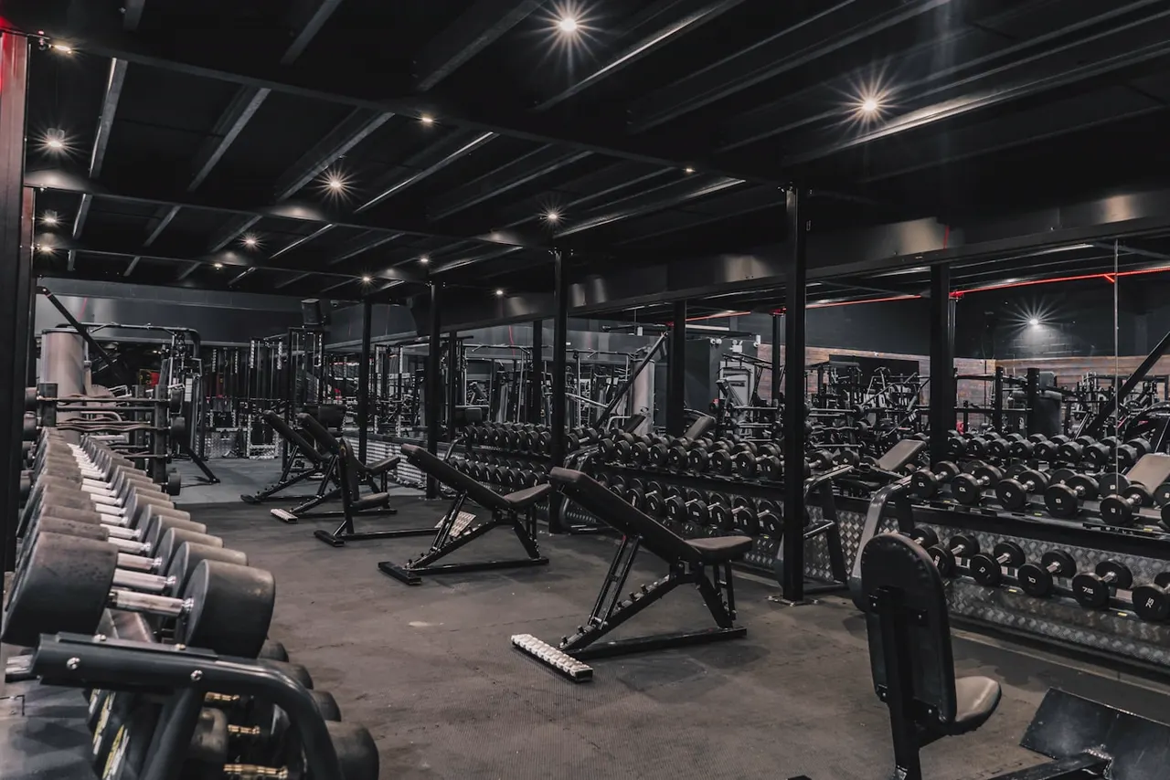 Strength floor — 6 power racks, 2 platforms, calibrated plates